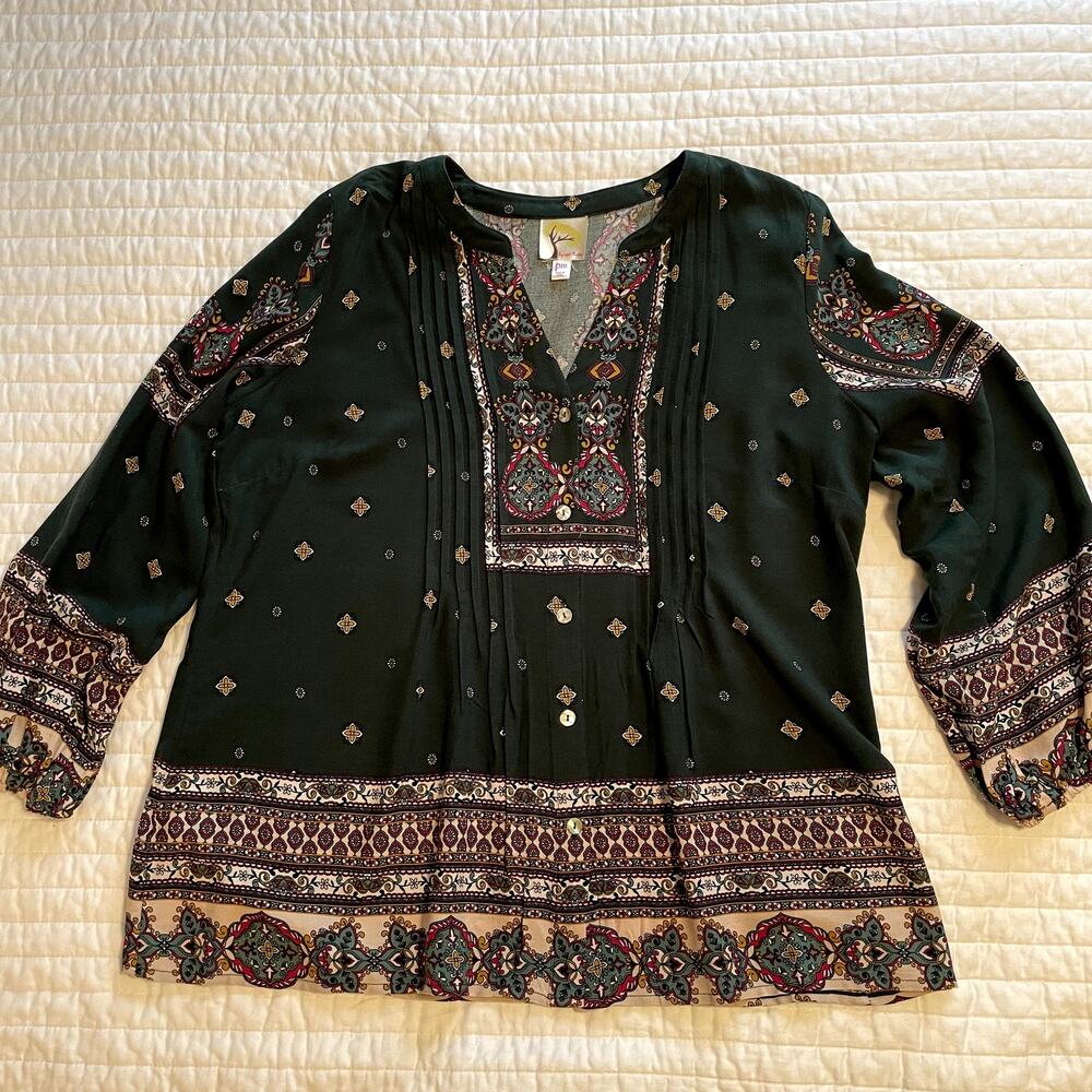 Anthropologie Fig and Flower Boho Peasant Green Geometric Blouse Womens MP